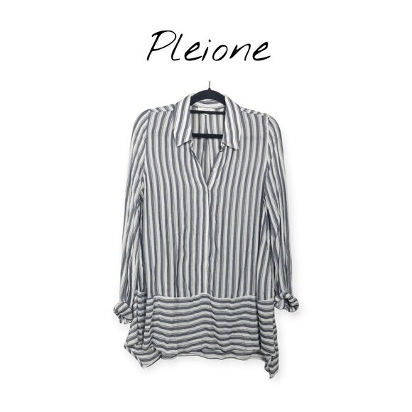 Striped Pleione Womens Button-Up Blouse M Navy/White - Picture 1 of 6